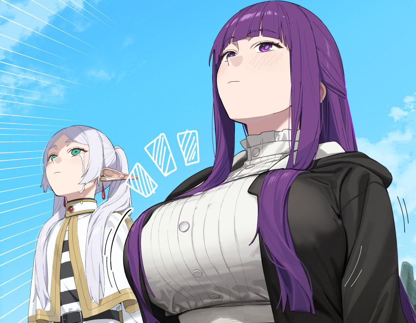 1girl 2girls absurdres blue_sky blush breast_envy breasts capelet closed_mouth cloud day earrings elf fern_(sousou_no_frieren) frieren green_eyes highres jewelry large_breasts long_pointy_ears looking_up meme multiple_girls outdoors pointy_ears purple_eyes purple_hair simple_background sky solo sousou_no_frieren tears twintails upward_angle_frieren_drawing_(meme) white_background white_capelet yakimi_27