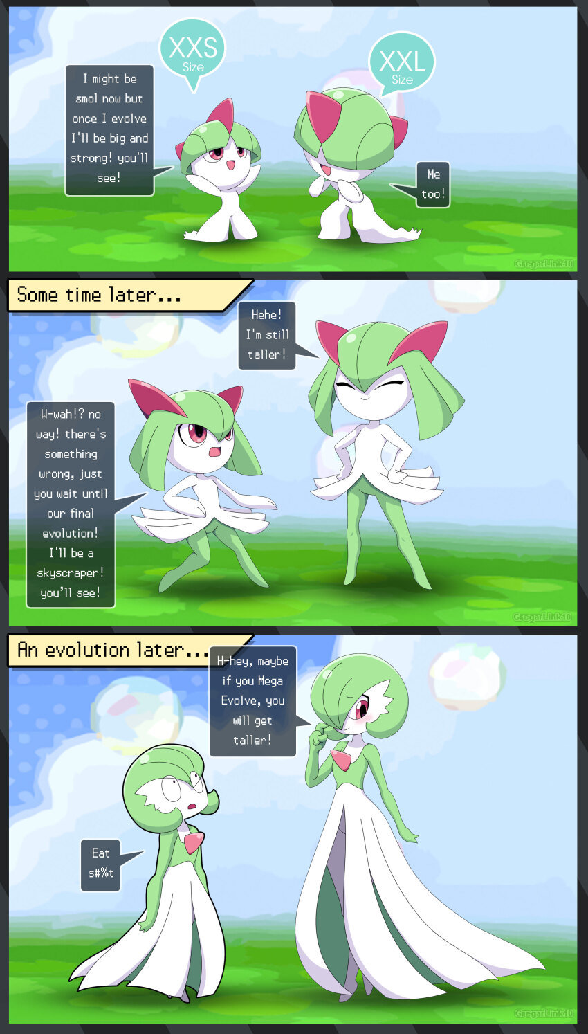 absurdres bob_cut bowl_cut closed_eyes colored_skin dress gardevoir gen_3_pokemon green_hair green_skin gregarlink10 hair_over_one_eye height_difference highres horns kirlia multicolored_skin nintendo pink_eyes pokemon pokemon_(creature) ralts sidelocks smile speech_bubble two-tone_skin white_dress white_skin