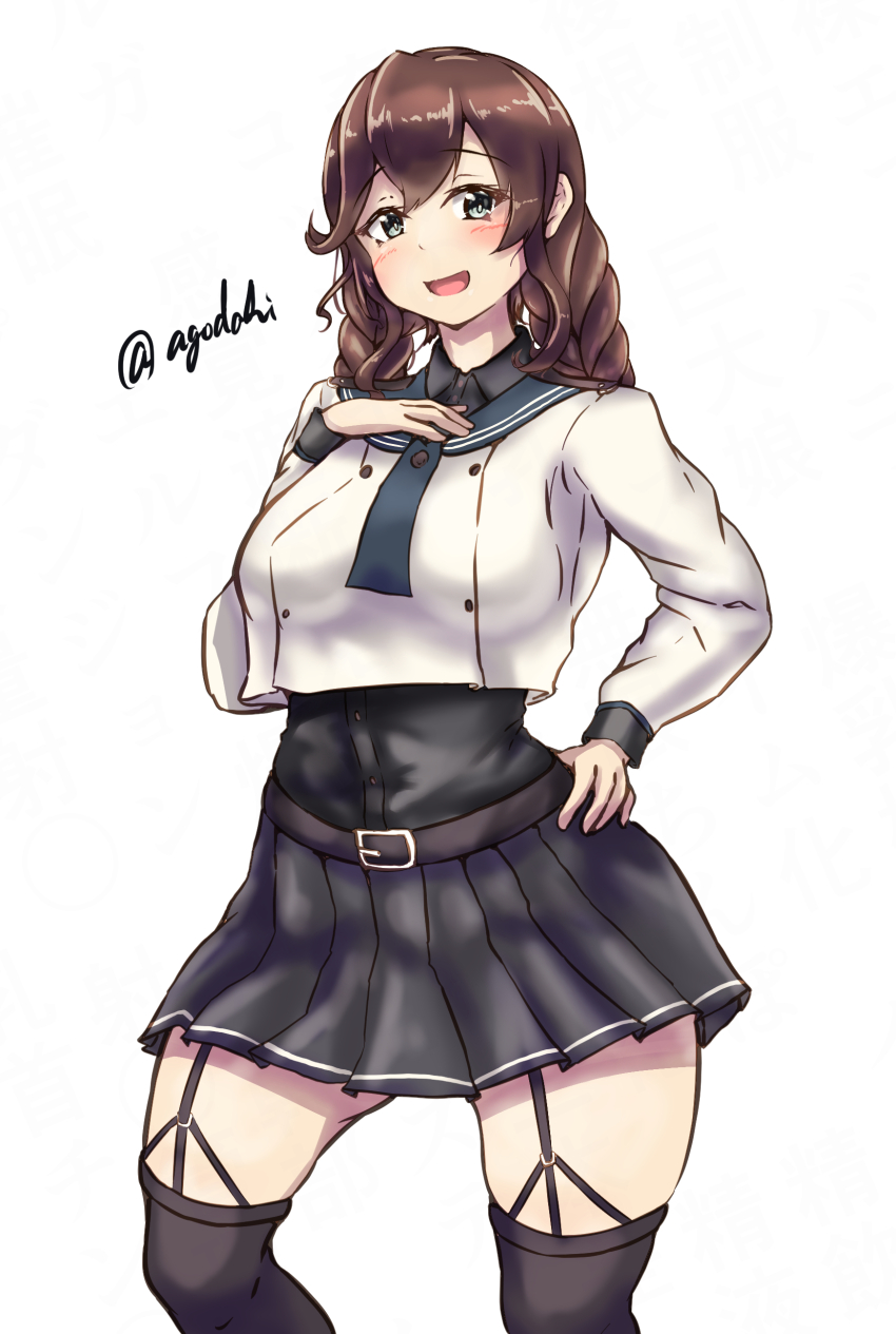 1girl absurdres agodashi black_sailor_collar black_shirt black_skirt black_thighhighs braid brown_hair dress_shirt feet_out_of_frame garter_straps green_eyes hand_on_own_chest highres kantai_collection long_hair long_sleeves looking_at_viewer noshiro_(kancolle) noshiro_kai_ni_(kancolle) one-hour_drawing_challenge pleated_skirt sailor_collar sailor_shirt school_uniform serafuku shirt simple_background skirt solo swept_bangs thighhighs twin_braids twitter_username white_background