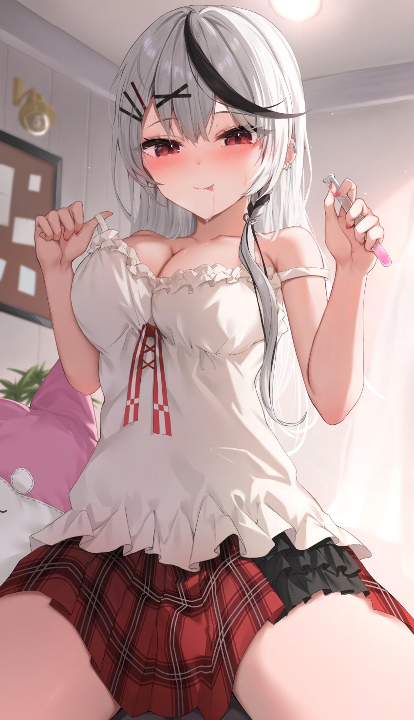 1girl :q absurdres black_hair braid breasts camisole collarbone commentary_request frilled_camisole frills grey_hair hair_ornament hairclip highres holding holding_vial hololive koyokurosuki large_breasts looking_at_viewer multicolored_hair plaid_clothes plaid_skirt plant red_eyes red_skirt sakamata_chloe sakamata_chloe_(1st_costume) skirt solo streaked_hair tongue tongue_out vial virtual_youtuber white_camisole x_hair_ornament