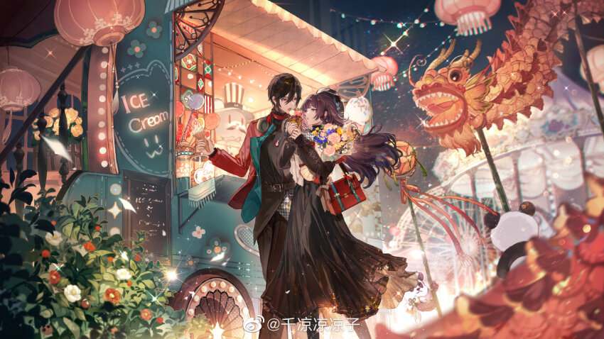 1boy 1girl :o ahoge amusement_park animal aqua_necktie bag bear belt belt_buckle black_belt black_boots black_dress black_hair black_pants black_shirt blazer boots bouquet brown_eyes brown_hair buckle bush buttons carousel clothed_animal double-breasted dragon dress ears_through_headwear eastern_dragon eyelashes facial_hair feeding feet_out_of_frame ferris_wheel floating_hair flower food food_stand hair_between_eyes hanging_plant hat headphones headphones_around_neck hetero highres holding holding_bouquet holding_food holding_ice_cream holding_ice_cream_cone ice_cream ice_cream_cone jacket lantern layered_sleeves long_dress long_hair menu mustache necktie night night_sky open_mouth original outdoors pants paper_lantern parted_bangs pink_flower pleated_dress pointy_nose red_bag red_eyes red_hat red_jacket rose senryoko shirt short_hair shoulder_bag sky sparkle standing string_of_light_bulbs striped_clothes striped_headwear stuffed_animal stuffed_panda stuffed_toy top_hat turtleneck turtleneck_dress two-tone_hat undershirt vertical-striped_clothes vertical-striped_headwear very_long_hair watermark weibo_watermark white_hat white_headphones white_jacket yellow_flower yellow_rose