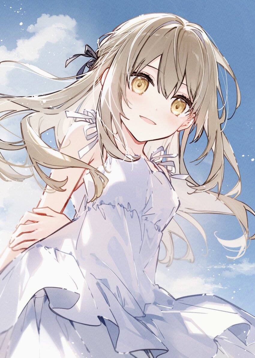 1girl arm_behind_back black_ribbon blue_sky breasts brown_eyes brown_hair cloud commentary_request day dress floating_hair hair_between_eyes hair_ribbon highres holding_own_arm long_hair looking_at_viewer mochizuki_shiina original outdoors parted_lips ribbon sky sleeveless sleeveless_dress small_breasts smile solo very_long_hair white_dress