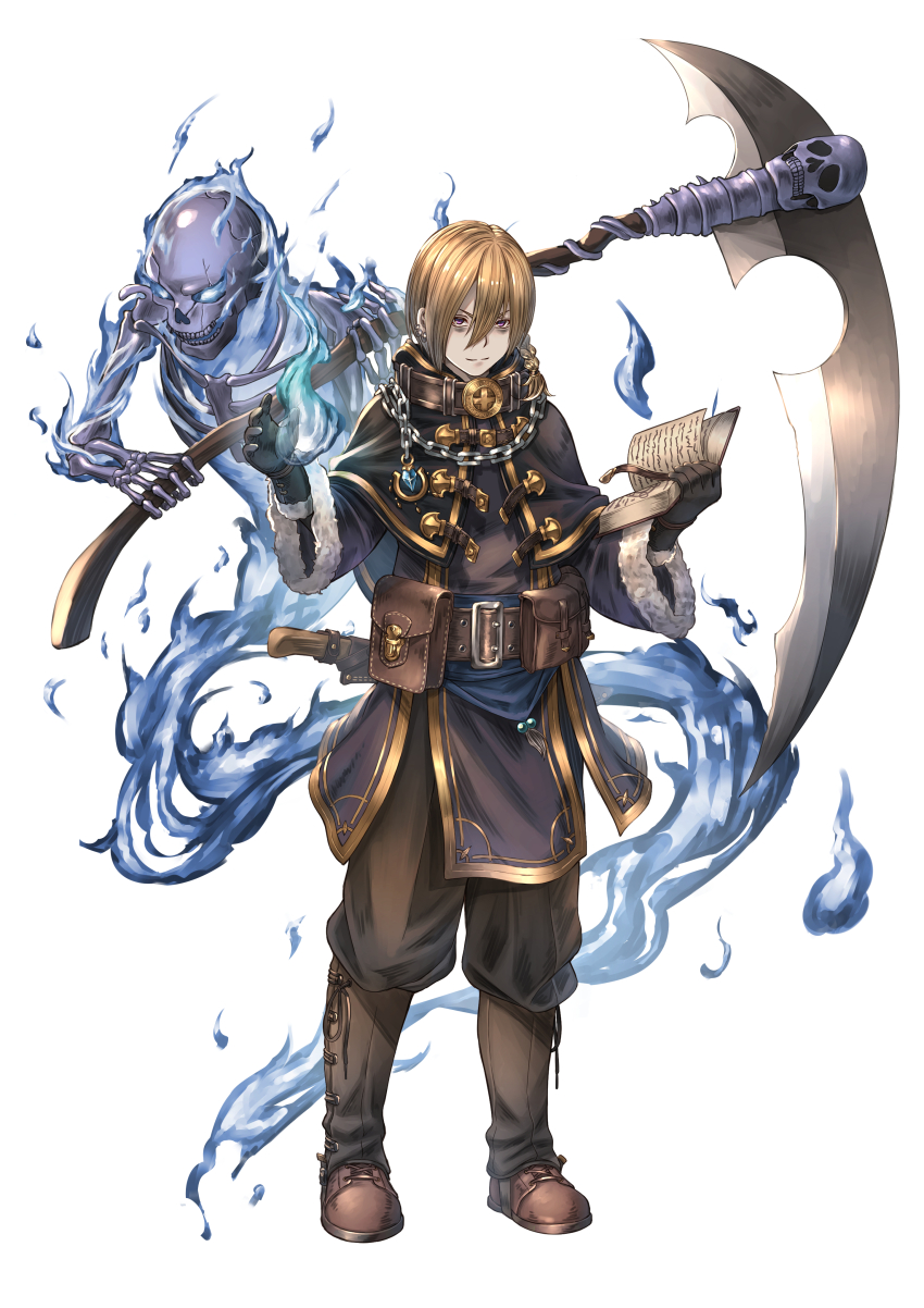 1boy 1other absurdres bags_under_eyes belt black_gloves blue_fire book brown_footwear brown_hair brown_pants capelet chain chain_necklace earrings fire flaming_eyes fur-trimmed_sleeves fur_trim gloves gold_trim highres holding holding_scythe jewelry knife magic male_focus necklace necromancer open_book original pants pouch scythe sheath sheathed shoes skeleton standing wide_sleeves yakkuro