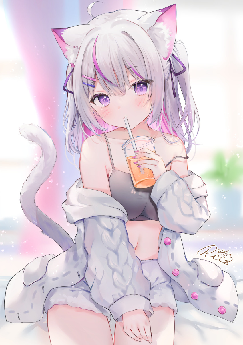 1girl absurdres ahoge animal_ear_fluff animal_ears blush cat_ears cat_girl cat_tail collarbone commentary_request commission crop_top drinking_straw drinking_straw_in_mouth grey_hair hair_between_eyes hair_ornament hair_ribbon highres indie_virtual_youtuber jacket medium_hair multicolored_hair navel nekoyama_mia_(vtuber) off_shoulder purple_eyes purple_hair purple_ribbon ribbon rucaco skeb_commission solo strap_slip streaked_hair tail white_jacket