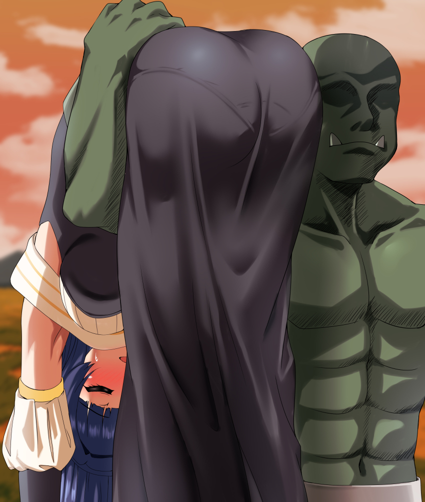 1boy 1girl absurdres ass black_dress blue_hair blush carrying carrying_over_shoulder carrying_person commission dress fainted fangs fangs_out highres kaifuku_lotion_de_maou_wo_taosu_koto_ni_natta._~isekai_byurubyuru_kouryakuki~ kidnapped kidnapping long_hair miko_(isekai_byurubyuru_kouryakuki) muscular muscular_male orc pixiv_commission take_it_home unconscious zanntetu