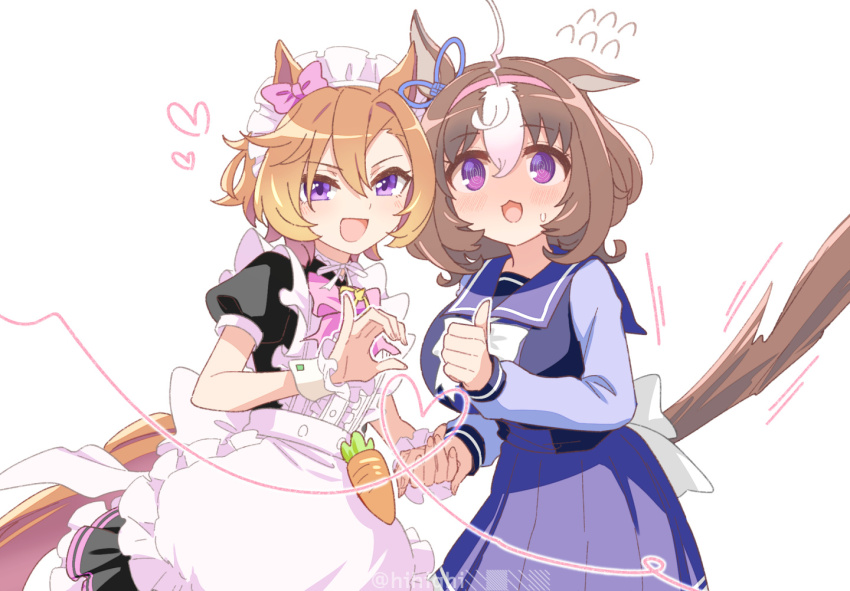 2girls :3 :d @_@ ahoge alternate_costume animal_ears apron black_dress blue_ribbon bow bowtie breasts brown_hair brown_tail carrot center_frills cowboy_shot dress ear_bow ear_ribbon enmaided flustered flying_sweatdrops frilled_apron frilled_headwear frilled_wrist_cuffs frills hairband happy heads_together heart heart_hands_failure heart_of_string hihiqhi holding_hands horse_ears horse_girl horse_tail large_breasts long_sleeves looking_at_viewer maid maid_apron maid_headdress medium_hair meisho_doto_(umamusume) motion_lines multicolored_hair multiple_girls open_mouth orange_tail pink_bow pink_bowtie pink_hairband pleated_skirt puffy_short_sleeves puffy_sleeves purple_eyes purple_hair purple_sailor_collar purple_serafuku purple_shirt purple_skirt purple_tail ribbon sailor_collar sailor_shirt school_uniform serafuku shirt short_hair short_sleeves simple_background single_ear_down skirt small_sweatdrop smile standing stiff_tail streaked_hair t.m._opera_o_(umamusume) tail thumbs_up tracen_school_uniform twitter_username two-tone_hair umamusume v-shaped_eyebrows white_apron white_background white_bow white_hair white_headdress white_wrist_cuffs winter_uniform wrist_cuffs yuri