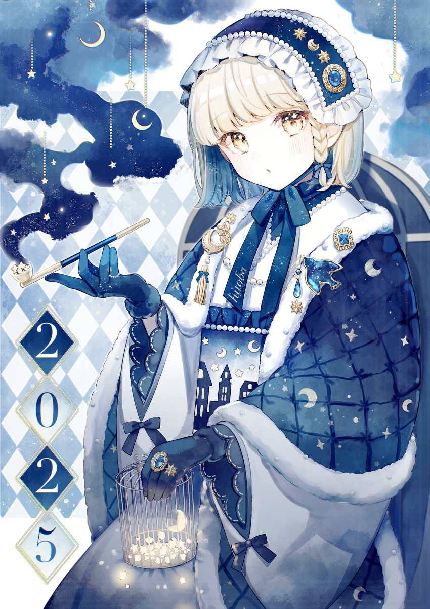 1girl absurdres argyle_background artoria_(hitoba) bead_hairband beads bird_pin black_bow black_gloves blonde_hair blue_coat blue_gemstone blue_headdress blue_ribbon blue_theme blush bow braided_sidelock cage checkered_sleeves coat cowboy_shot crescent crescent_hat_ornament crescent_moon crescent_print frilled_headwear frilled_sleeves frills fur-trimmed_coat fur-trimmed_sleeves fur_trim gem gloves gradient_coat gradient_ribbon hair_ribbon hand_up hat_ornament head_tilt highres hitoba holding holding_cage holding_smoking_pipe jewelry kiseru long_sleeves looking_at_viewer moon neck_ribbon nengajou new_year original ornate_ring parted_lips print_coat print_sleeves ribbon ring short_hair smoking_pipe solo star_(symbol) star_in_eye starry_sky_print swept_bangs symbol_in_eye tassel yellow_eyes
