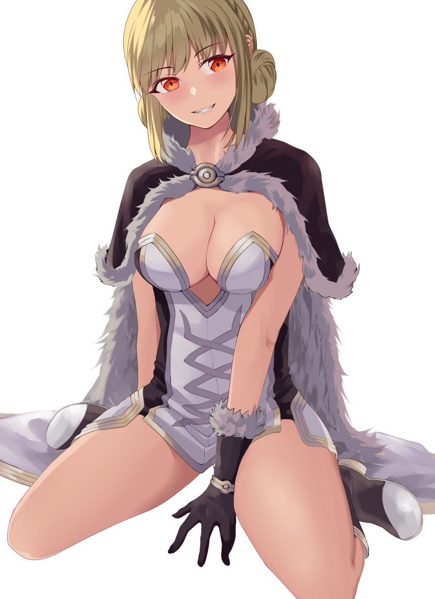 1girl absurdres arm_behind_back between_legs black_boots black_cape black_dress black_gloves blonde_hair boots braid breasts cape cleavage commentary crown_braid double_bun dress fur-trimmed_cape fur-trimmed_gloves fur_trim gloves grin hair_bun hand_between_legs head_tilt high_wizard_(ragnarok_online) highres kathryne_keyron medium_breasts multicolored_eyes orange_eyes ragnarok_online red_eyes sail_(sail-away) short_dress short_hair simple_background sitting smile solo steel-toe_boots strapless strapless_dress teeth thighs transparent_background two-tone_dress wariza white_dress