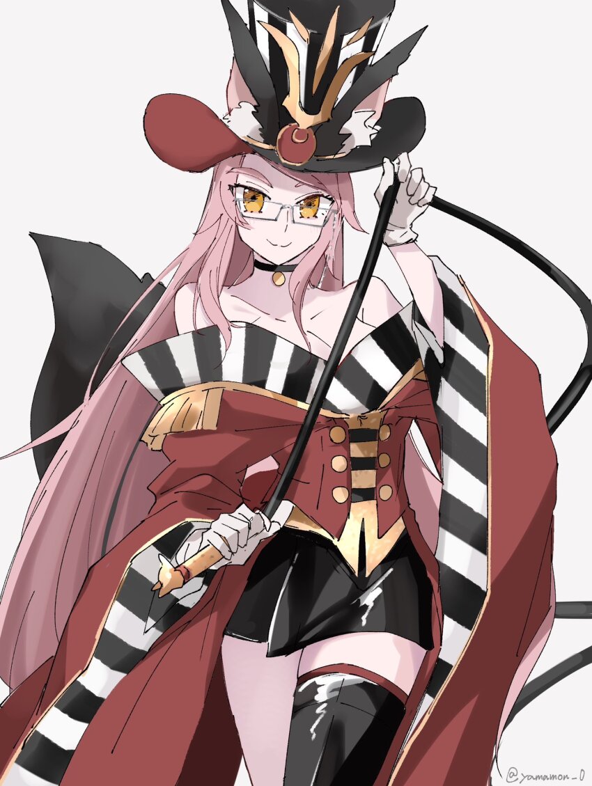 1girl animal_ear_fluff animal_ears bare_shoulders black_hat black_skirt black_thighhighs breasts choker cleavage coat collarbone epaulettes fate/grand_order fate_(series) fox_ears fox_girl fox_tail glasses hair_between_eyes hat highres koyanskaya_(fate) koyanskaya_(foreigner)_(second_ascension)_(fate) large_breasts long_hair long_sleeves looking_at_viewer off_shoulder pink_hair red_coat sidelocks single_thighhigh skirt smile solo tail tamamo_(fate) thighhighs thighs top_hat whip wide_sleeves yamamon_0 yellow_eyes