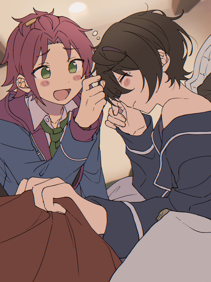 2boys :d absurdres against_bed bed_frame blanket blush_stickers ceiling_light closed_eyes ensemble_stars! foreshortening furrowed_brow hand_up highres holding holding_blanket implied_yaoi indoors isara_mao leaning_forward male_focus multiple_boys niyororinpayamaru off_shoulder on_bed open_mouth pajamas playing_with_another&#039;s_hair rubbing_eyes sakuma_ritsu school_uniform sitting sleeping sleepy smile squeans tongue under_covers waking_up yumenosaki_school_uniform