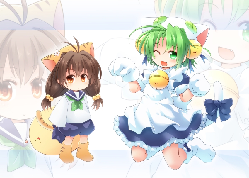 2girls ahoge animal_hat antenna_hair apron blue_dress brown_eyes brown_hair cat_hat dejiko di_gi_charat dress fang gema green_eyes green_hair green_neckerchief hat highres kneeling kso mittens multiple_girls neckerchief one_eye_closed paw_pose puchiko shirt white_apron white_mittens white_shirt zoom_layer