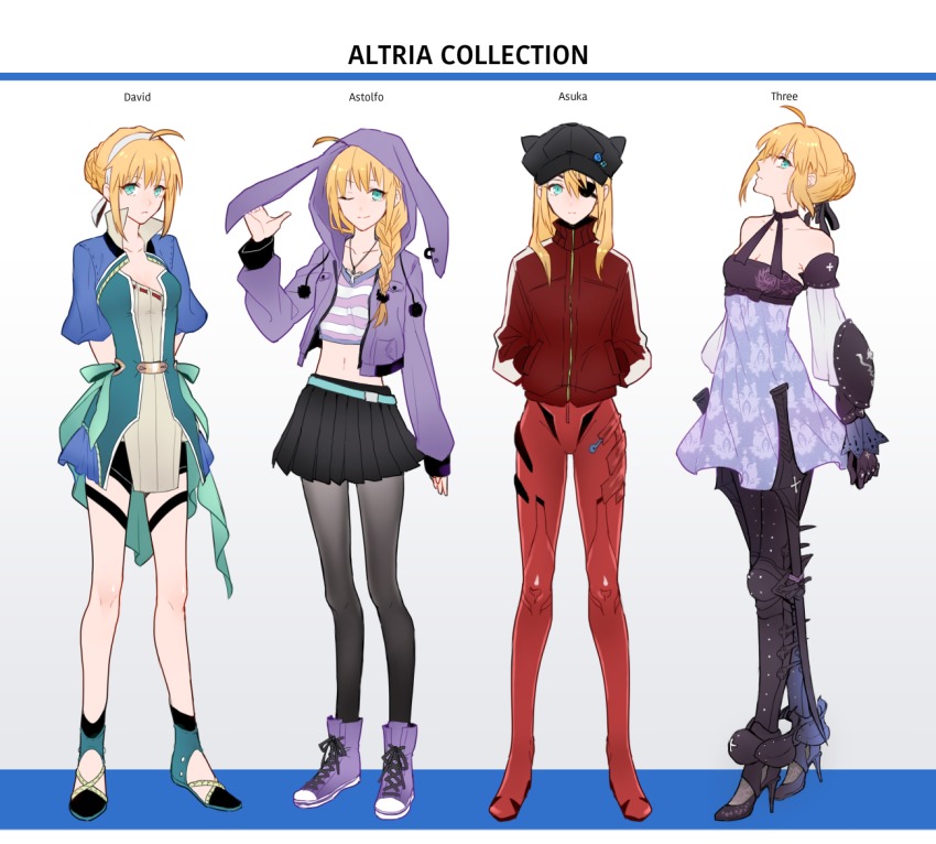 1girl ;) ahoge alternate_costume animal_ears animal_hat animal_hood aqua_eyes armor armored_boots arms_behind_back artoria_pendragon_(fate) astolfo_(fate) astolfo_(fate)_(cosplay) badge bare_shoulders belt belt_skirt bike_shorts black_pantyhose black_skirt blonde_hair blue_eyes blue_shirt bodysuit boots braid breasts buckle buckler button_badge newsboy_cap cat_hat character_name cleavage closed_mouth collarbone cosplay crop_top cropped_jacket cross david_(fate) david_(fate)_(cosplay) david_(fate/apocrypha) david_(fate/apocrypha)_(cosplay) detached_sleeves drag-on_dragoon drag-on_dragoon_3 drawstring dress english_text evangelion:_3.0_you_can_(not)_redo expressionless eyepatch fake_animal_ears fashion fate/apocrypha fate/grand_order fate/stay_night fate_(series) floral_print from_side full_body gloves hair_between_eyes hair_bun hair_over_shoulder hair_ribbon hairband halterneck hands_in_pockets hat hat_ornament high_heels hood hoodie jacket jewelry lineup long_hair long_legs long_sleeves looking_at_viewer mecha_pilot_suit midriff miniskirt multiple_girls multiple_views navel neck_ribbon necklace neon_genesis_evangelion official_alternate_costume one_eye_closed open_clothes open_hoodie orii_(orii_i) pantyhose pelvic_curtain pleated_skirt plugsuit_(evangelion) pom_pom_(clothes) puffy_sleeves purple_dress purple_footwear purple_gloves purple_pantyhose rabbit_ears rebuild_of_evangelion red_jacket ribbon saber_(fate) sandals shield shirt shoes short_hair short_hair_with_long_locks short_sleeves sidelocks simple_background single_braid single_hair_bun single_vertical_stripe skinny skirt sleeves_past_wrists small_breasts smile sneakers souryuu_asuka_langley souryuu_asuka_langley_(cosplay) standing stiletto_heels striped sword tape thigh_strap three_(drag-on_dragoon) three_(drag-on_dragoon)_(cosplay) track_jacket turtleneck variations weapon white_background wide_sleeves