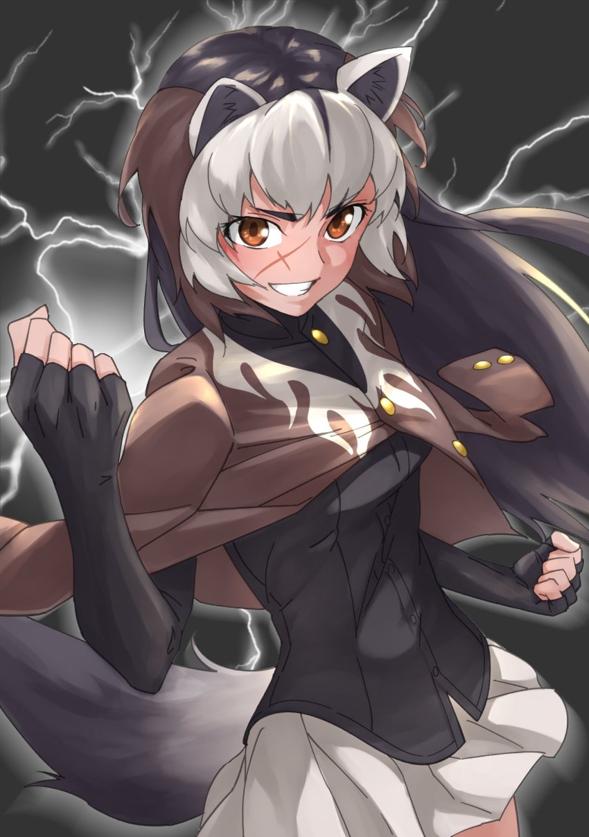 animal_ears black_hair black_shirt brown_hair brown_jacket cowboy_shot elbow_gloves fingerless_gloves gloves highres jacket jacket_on_shoulders kemono_friends lightning long_hair looking_at_viewer multicolored_hair orange_eyes pleated_skirt scar scar_on_face shirt skirt smile solo tail tanabe_(fueisei) white_hair white_skirt wolverine_(kemono_friends)