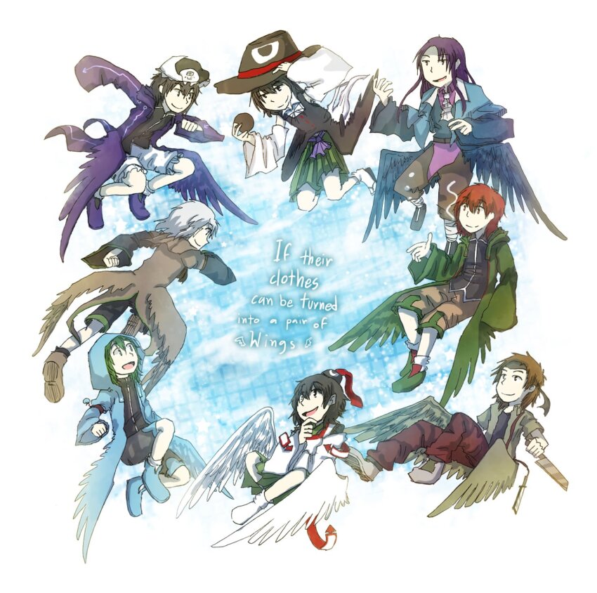 6+others androgynous armband arrow_print ascot ball bandaged_leg bandages bare_shoulders belt belt_buckle bird_wings black_coat black_eyes black_footwear black_hair black_hat black_headband black_kimono black_shirt black_shorts black_socks black_wings blue_capelet blue_coat blue_footwear blue_jacket blue_wings boots brown_armband brown_ascot brown_belt brown_coat brown_eyes brown_footwear brown_hair brown_pants brown_shorts brown_wings buckle capelet cargo_shorts clause_(len&#039;en) clenched_hand closed_mouth coat coattails collared_capelet collared_coat collared_shirt commentary detached_sleeves english_commentary english_text enraku_tsubakura evanescent_existence eye_of_senri feathered_wings floating_clothes frilled_headwear frilled_shorts frills from_behind full_body green_eyes green_footwear green_hair green_hakama green_jacket green_wings grey_eyes grey_footwear grey_hair grey_shorts hair_between_eyes hakama hakama_short_skirt hakama_skirt hand_on_headwear hand_on_own_chin happy hat hat_ribbon headband highres holding holding_ball holding_knife hood hood_down hood_up hooded_jacket houlen_yabusame ink jacket japanese_clothes jinbei_(clothes) kariginu kimono knife kurohebi layered_sleeves len&#039;en long_hair long_sleeves looking_at_another medium_hair mob_cap multiple_others ofuda ofuda_on_clothes open_clothes open_jacket open_mouth other_focus outstretched_hand pants pink_shirt puffy_short_sleeves puffy_sleeves purple_eyes purple_footwear purple_hair purple_jacket purple_wings red_eyes red_hair red_pants red_ribbon ribbon sandals senri_tsurubami shirt shitodo_aoji shitodo_hooaka shitodo_kuroji shoes short_hair short_kimono short_over_long_sleeves short_sleeves shorts sitting skirt sleeveless sleeveless_coat sleeveless_shirt smile socks tabi tate_eboshi top_hat triangular_headpiece white_ascot white_background white_shirt white_shorts white_sleeves white_socks white_wings wide_sleeves wings yamanoskk zouri
