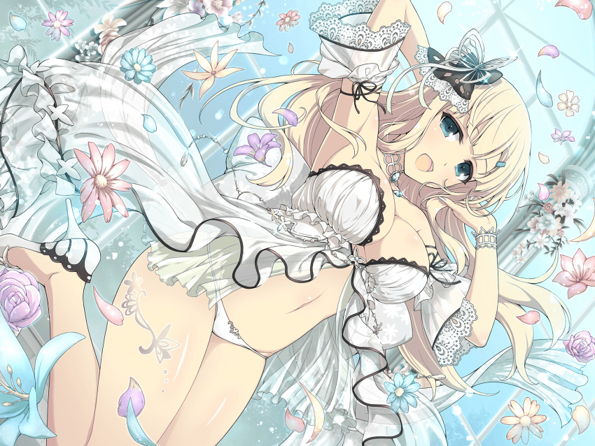1girl blonde_hair breasts butterfly_hair_ornament flower hair_ornament high_heels highres large_breasts official_art senran_kagura senran_kagura_new_link smile white_lingerie yomi_(senran_kagura)