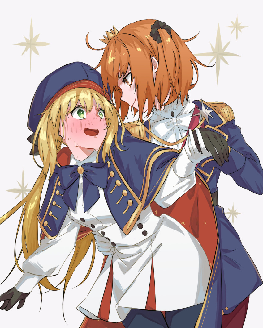 2girls ahoge artoria_caster_(fate) artoria_caster_(second_ascension)_(fate) artoria_pendragon_(fate) black_gloves black_scrunchie blonde_hair blue_cape blush buttons cape capelet christmas_star double-breasted dress eiki_(eikityou_55) eye_contact fate/grand_order fate_(series) fujimaru_ritsuka_(female) fujimaru_ritsuka_(female)_(halloween_royalty) full-face_blush gloves green_eyes hand_on_another&#039;s_waist highres holding_hands long_hair looking_at_another looking_to_the_side medium_hair multiple_girls nervous_sweating official_alternate_costume orange_hair pantyhose red_cape scrunchie side_ponytail smile sweat torso_grab two-sided_cape two-sided_fabric very_long_hair white_dress white_gloves yuri