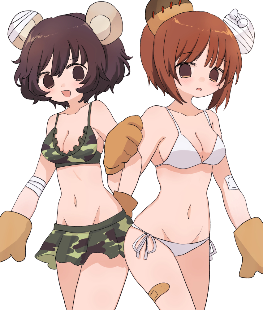 2girls akiyama_yukari animal_ears bandaged_arm bandages bandaid bandaid_on_arm bandaid_on_thigh bear_ears bear_paws bikini bikini_skirt boko_(girls_und_panzer) breasts brown_eyes brown_hair camouflage camouflage_bikini cleavage commentary cowboy_shot fake_animal_ears frilled_bikini frills frown girls_und_panzer green_bikini groin highres locked_arms looking_at_viewer medium_breasts messy_hair multiple_girls navel open_mouth ri_(qrcode) short_hair side-by-side side-tie_bikini_bottom simple_background small_breasts smile standing swimsuit symbol-only_commentary white_background white_bikini