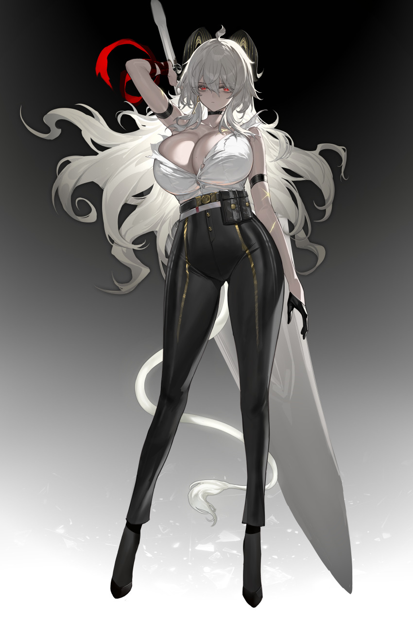 1girl absurdres arm_strap arm_up bare_shoulders black_choker black_gloves black_horns black_pants black_shoes breasts choker closed_mouth collarbone commentary curled_horns earrings full_body gloves gradient_background greatsword hair_between_eyes high-waist_pants highres holding holding_behind_back holding_sword holding_sword_behind_back holding_weapon holding_weapon_behind_back horns horz jewelry key_earrings large_breasts long_hair looking_at_viewer necktie necktie_around_wrists pants red_eyes red_necktie shirt shoes solo sword tail tight_clothes tight_pants torn_clothes torn_shirt very_long_hair weapon white_hair white_shirt wuthering_waves zani_(wuthering_waves)