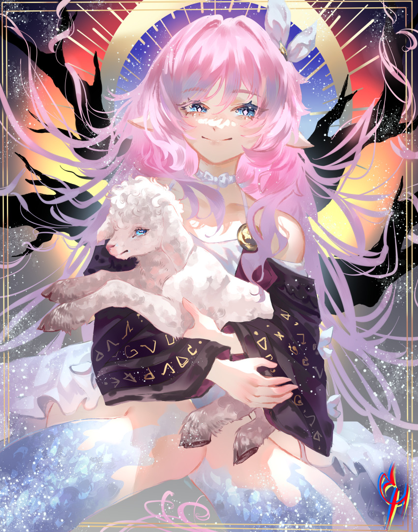 1girl absurdres animal artist_logo bare_shoulders blue_eyes closed_mouth coconuthound collarbone commentary cyrene_(honkai:_star_rail) diamond-shaped_pupils diamond_(shape) english_commentary hair_ornament highres holding holding_animal honkai:_star_rail honkai_(series) logo long_hair looking_at_viewer pink_hair pink_pupils pointy_ears sheep smile solo symbol-shaped_pupils upper_body very_long_hair
