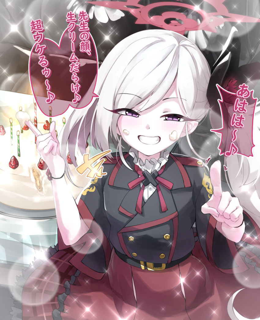 1girl absurdres black_jacket blue_archive cake candle dress_shirt food fruit grin halo highres index_finger_raised jacket japanese_text mutsuki_(blue_archive) purple_eyes red_halo red_skirt shirt side_ponytail skirt smile solo strawberry sunnysideup white_hair