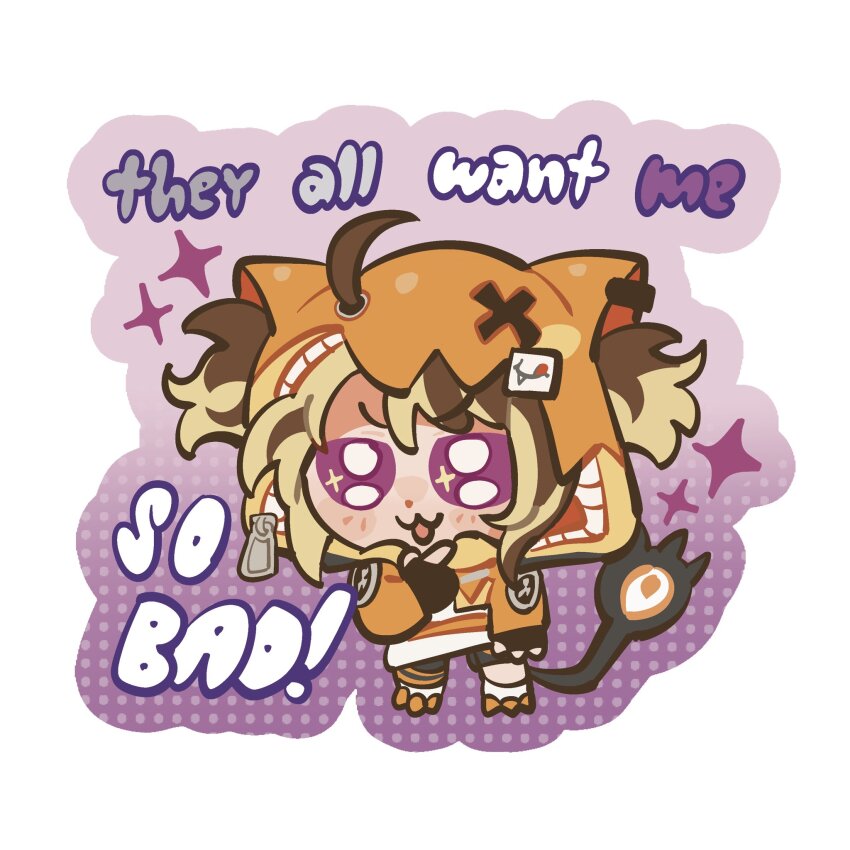 1girl :3 ahoge animal_ear_hood arm_at_side asexual_flag black_gloves black_shorts black_tail blonde_hair brown_hair chibi chibi_only commentary dotted_background english_commentary english_text fake_animal_ears fingerless_gloves full_body gigi_murin gigi_murin_(1st_costume) gloves gradient_background hair_through_headwear hand_on_own_chin hand_up highres hololive hololive_english hood hood_up hooded_jacket jacket lgbt_pride long_sleeves multicolored_hair open_mouth orange_jacket orange_shoes paw_shoes purple_background purple_eyes shirt shoes short_hair short_twintails shorts solo sparkle standing star_(symbol) star_in_eye sticker_(medium) stroking_own_chin symbol_in_eye tail tail_raised ttasarayu twintails two-tone_hair v-shaped_eyebrows virtual_youtuber white_background white_shirt zipper_pull_tab