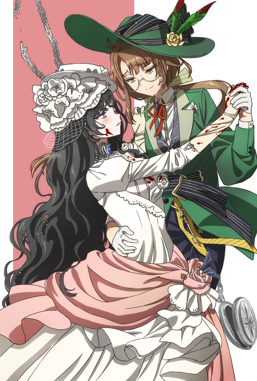 2girls arm_around_waist black_hair blood blood_on_clothes blood_on_face blood_on_gloves bow broken broken_chain brown_hair chain collared_shirt crying crying_with_eyes_open dancing dress eye_contact face-to-face feathers flower furrowed_brow gloves gown green_feathers green_hat green_jacket hair_bow hand_on_another&#039;s_hip hat hat_feather hat_flower highres holding_hands isolde_(reverse:1999) jacket juliet_sleeves kakania_(reverse:1999) long_dress long_hair long_sleeves looking_at_another low_ponytail multiple_girls neck_ribbon oiun parted_lips pink_background pocket_watch ponytail profile puffy_sleeves purple_eyes red_ribbon reverse:1999 ribbon shirt smile streaming_tears tears two-tone_background veil waltz_(dance) watch white_background white_dress white_gloves white_hat white_shirt white_veil yellow_bow yellow_flower yellow_gloves yuri