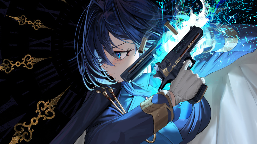 1girl absurdres blue_coat blue_eyes blue_hair blue_jacket blue_necktie blue_shirt closed_mouth coat coat_on_shoulders collared_shirt commentary desert_eagle dual_wielding english_commentary gloves gun hair_intakes handgun highres holding holding_gun holding_weapon hololive hololive_english jacket massiveyog medium_hair military_jacket military_uniform necktie official_alternate_costume official_alternate_hairstyle ouro_kronii ouro_kronii_(4th_costume) shell_casing shirt solo virtual_youtuber weapon white_gloves wolf_cut