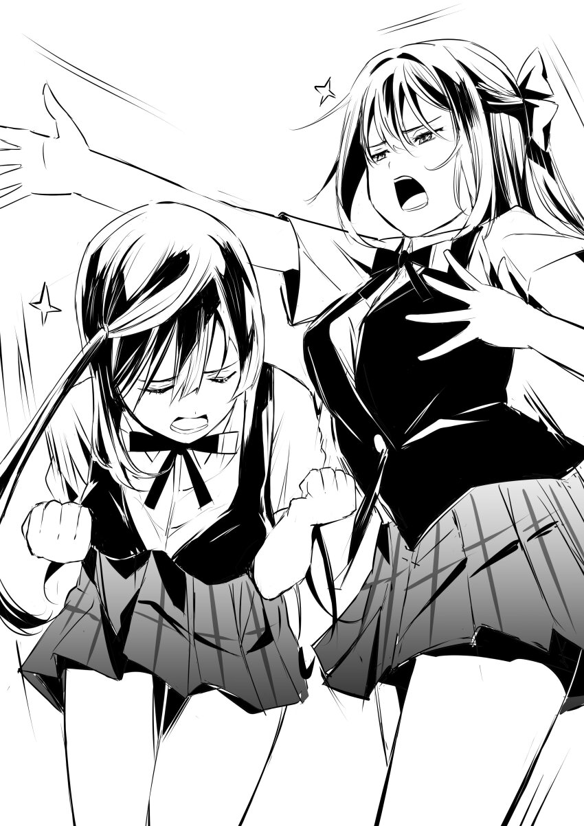 2girls absurdres bent_over bow breasts clenched_hands closed_eyes collared_shirt commentary_request furrowed_brow greyscale hair_bow half_updo highres long_hair love_live! love_live!_nijigasaki_high_school_idol_club medium_breasts monochrome motion_lines multiple_girls neck_ribbon nijigasaki_school_uniform one_side_up open_mouth osaka_shizuku outstretched_arm pleated_skirt ribbon school_uniform shirt short_sleeves sidelocks skirt sparkle standing summer_uniform tommer upper_body vest yuki_setsuna