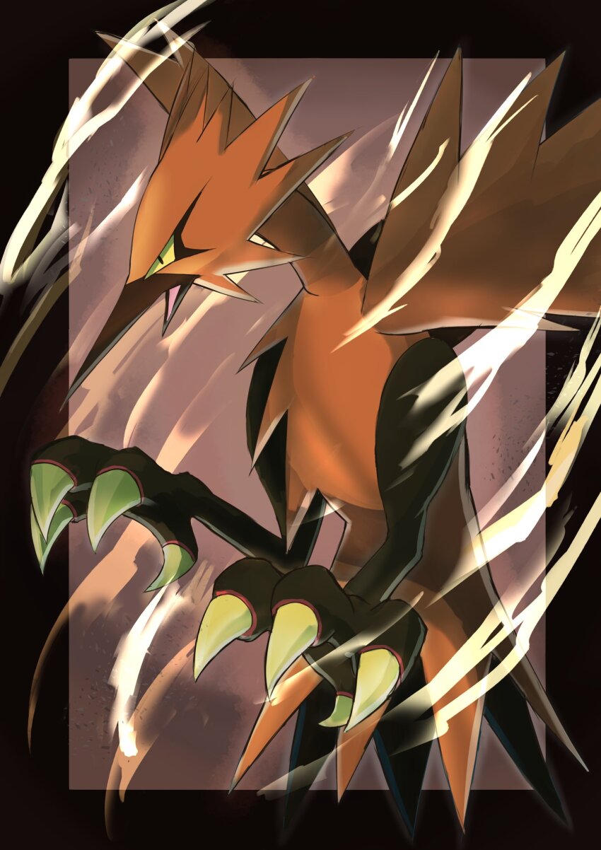 animal_focus bird black_border border commentary_request dusk_poke27 galarian_form galarian_zapdos gen_8_pokemon highres legendary_pokemon looking_down nintendo no_humans open_mouth outside_border pokemon pokemon_(creature) solo talons yellow_eyes