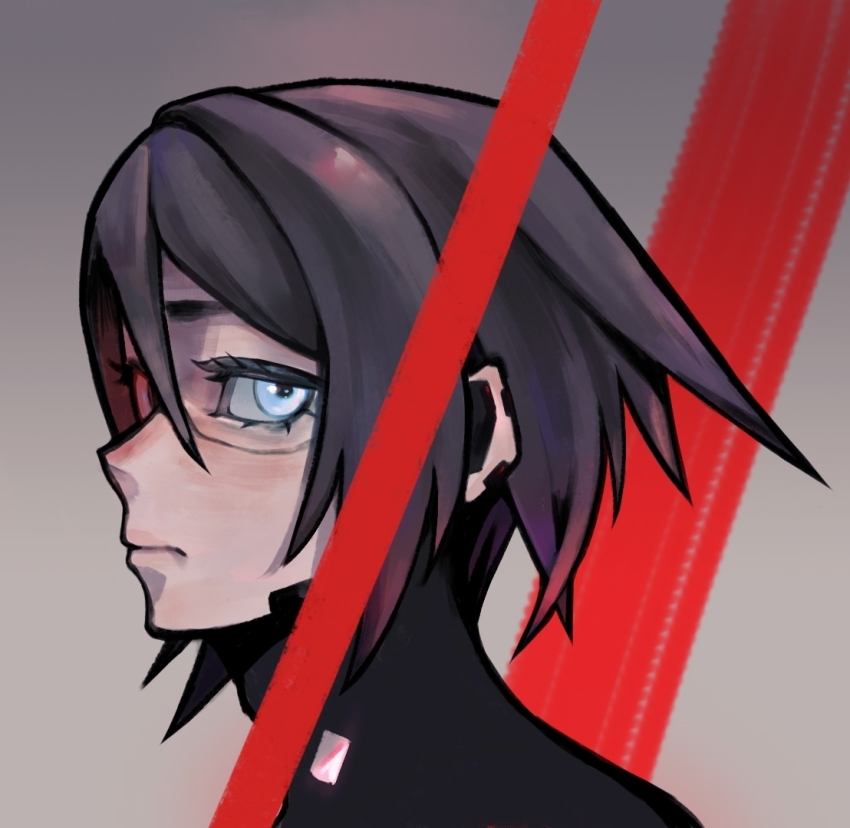 1girl black_hair blue_eyes closed_mouth commentary elster_(signalis) english_commentary expressionless grey_background heterochromia looking_at_viewer mohu812855 red_eyes short_hair signalis solo