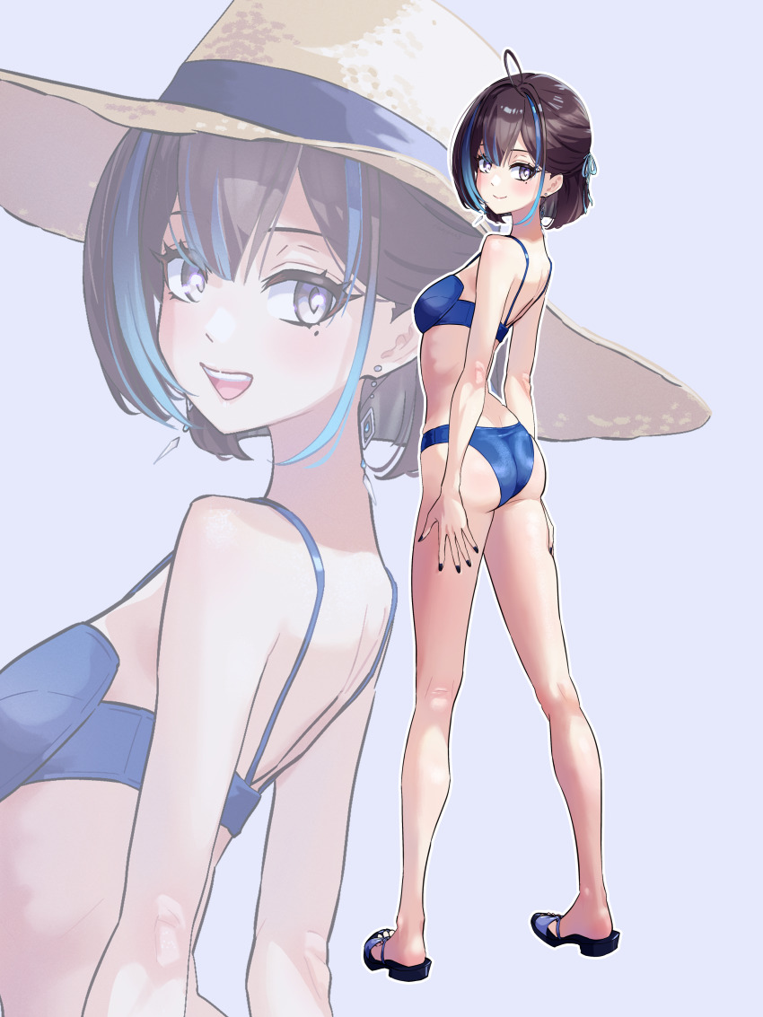 1girl absurdres ahoge ass bikini bilingual_commentary black_nails blue_bikini blue_hair breasts brown_hair closed_mouth double-parted_bangs earrings fingernails from_behind fueppu full_body grey_eyes half_updo hat highres indie_virtual_youtuber jewelry legs light_blush looking_at_viewer looking_back median_furrow mixed-language_commentary mole mole_under_eye multicolored_hair multiple_expressions open_mouth sandals short_hair simple_background small_breasts smile solo standing streaked_hair stud_earrings sun_hat swimsuit virtual_youtuber yubari_rei zoom_layer