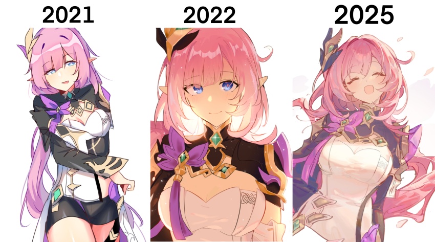 1girl 2021 2022 2025 absurdres artist_progress black_shorts blue_eyes breasts cleavage corset elf elysia_(honkai_impact) elysia_(miss_pink_elf)_(honkai_impact) hair_ornament highres honkai_(series) honkai_impact_3rd large_breasts mengaijiang924 multiple_views pink_hair pointy_ears short_shorts shorts shrug_(clothing) simple_background smile white_background white_corset