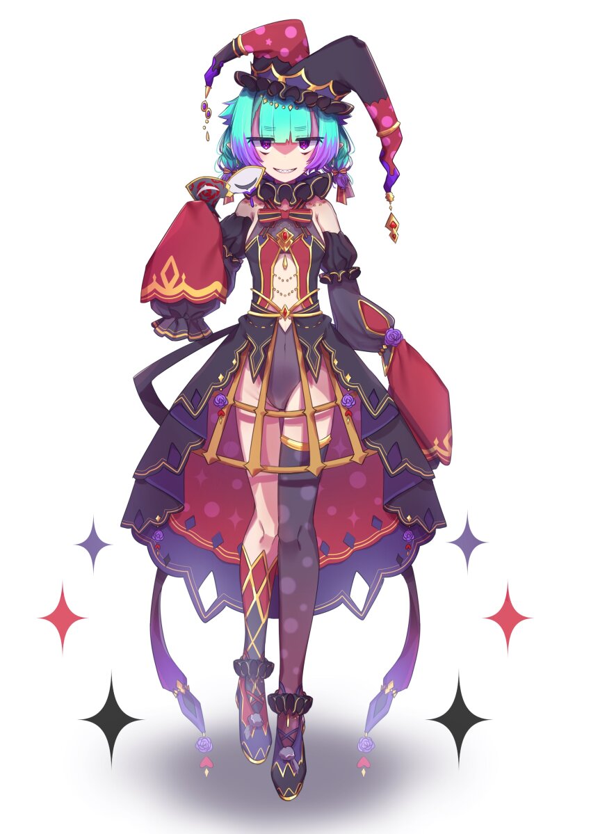 1girl absurdres alternate_costume asymmetrical_legwear bare_shoulders black_skirt black_thighhighs blunt_bangs breasts center_opening commentary_request detached_sleeves eye_mask fate/grand_order fate_(series) full_body green_hair grin hat highres holding holding_mask jester_cap jester_costume kibinago_(kibinago614) locusta_(fate) looking_at_viewer mask midriff mismatched_legwear multicolored_hair pointy_ears purple_eyes purple_hair red_skirt sharp_teeth short_hair showgirl_skirt single_thighhigh skirt sleeves_past_fingers sleeves_past_wrists small_breasts smile solo sparkle teeth thighhighs two-tone_hair two-tone_skirt white_background