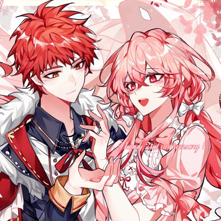 1boy 1girl anniversary artist_request blush bow braid breasts emiya_shirou fate/stay_night fate_(series) gaoyue_jixiang hair_ornament halo happy_anniversary long_hair long_sleeves momomiya_shizuku_(gaoyue_jixiang) oc_x_canon open_mouth original pink_eyes pink_hair pink_halo red_hair second-party_source skirt smile twintails