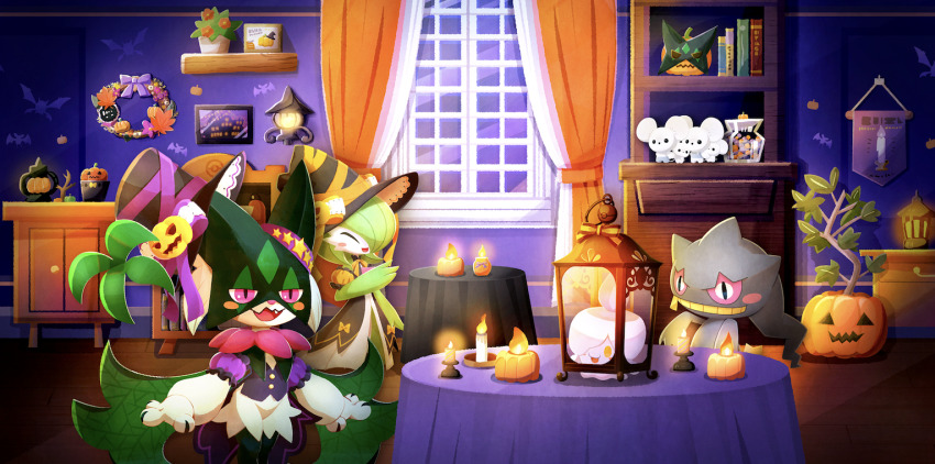 artist_request banette black_hat blush blush_stickers candle candy_jar closed_eyes clothed_pokemon crobat fang fire gardevoir gardevoir_(halloween) gen_1_pokemon gen_2_pokemon gen_3_pokemon gen_5_pokemon hat indoors lantern litwick maushold maushold_(family_of_four) meowscarada meowscarada_(halloween) nintendo no_humans official_art open_mouth plant pokemon pokemon_(creature) pokemon_cafe_remix pokemon_focus potted_plant pumpkin red_eyes table third-party_source top_hat window witch_hat zubat