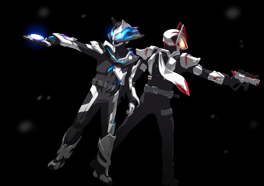 2boys animal_ears armor asymmetrical_armor asymmetrical_gloves back-to-back black_armor black_background black_bodysuit black_boots black_gloves blue_eyes bodysuit boost_buckle boots compound_eyes desire_driver dutch_angle fox_ears from_side full_body gloves glowing glowing_eyes gun handgun highres holding holding_weapon kamen_rider kamen_rider_geats kamen_rider_geats_(series) kamen_rider_ziin kitsune laser_raise_riser magnum_buckle magnum_shooter_40x male_focus mismatched_animal_ear_colors mismatched_gloves multiple_boys otokamu outstretched_arms rider_belt scarf shoulder_armor single_shoulder_pad solo sparks spread_arms teamwork tokusatsu ukiyo_ace weapon white_armor white_scarf ziin_(kamen_rider_geats)