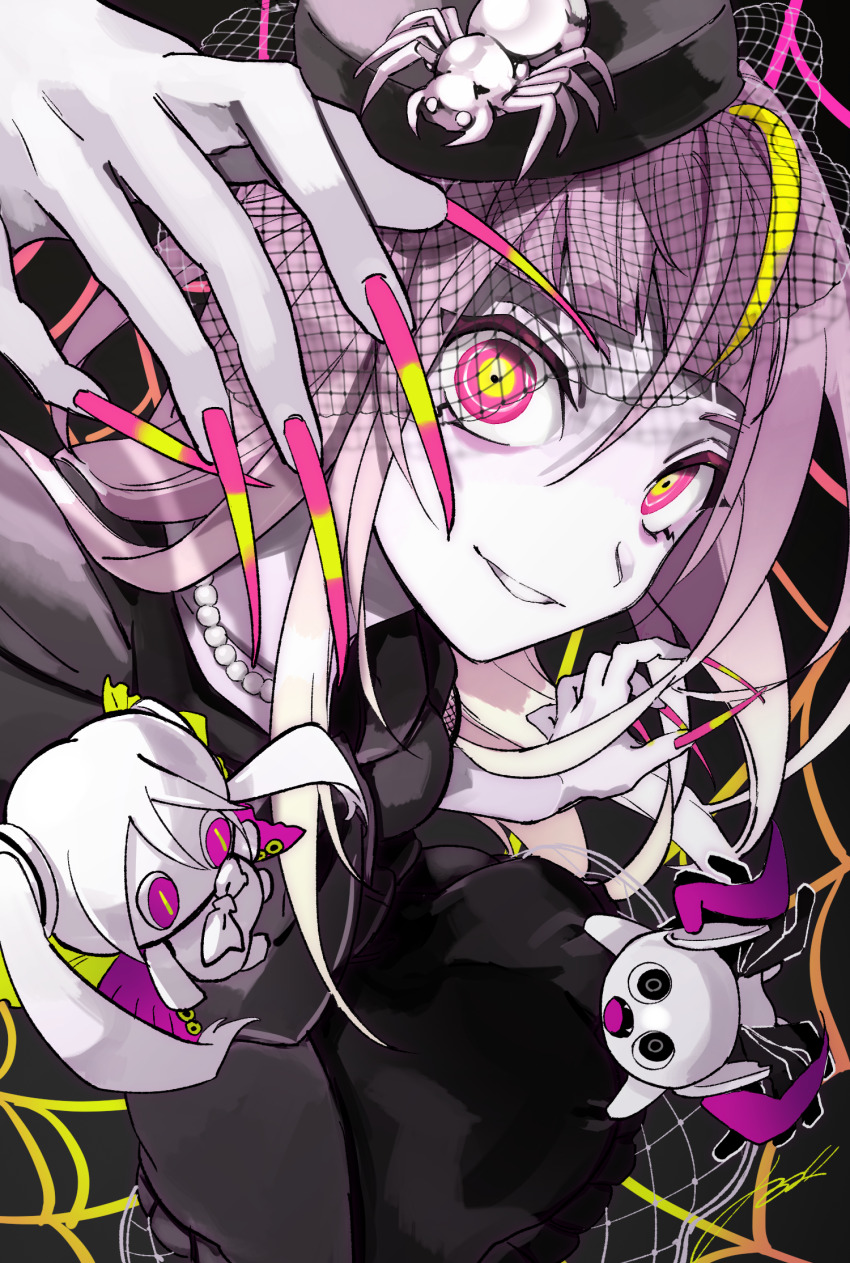 2girls 3girls aimaina blunt_bangs bow bug butterfly_wings doushite-chan eyeliner fascinator grin hair_between_eyes hatsune_miku head_tilt highres insect_wings jewelry killer_spider_(vocaloid) limited_palette long_hair looking_at_viewer makeup mini_person minigirl multiple_girls necklace pearl_necklace pink_eyes portrait puffy_short_sleeves puffy_sleeves shirt short_sleeves sidelocks silk smile spider spider_web tomizu very_long_fingernails very_long_hair vocaloid wings