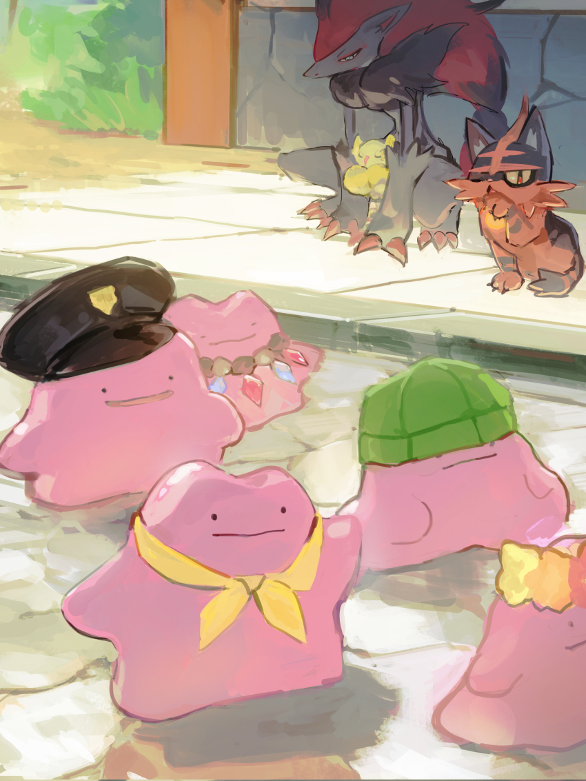 absurdres beanie black_hat closed_eyes closed_mouth clothed_pokemon day ditto gen_1_pokemon gen_5_pokemon gen_7_pokemon green_hat hat highres jewelry maumaujanken neckerchief necklace nintendo no_humans one_eye_closed open_mouth oricorio oricorio_(pom-pom) outdoors pokemon pokemon_(creature) torracat yellow_neckerchief zoroark