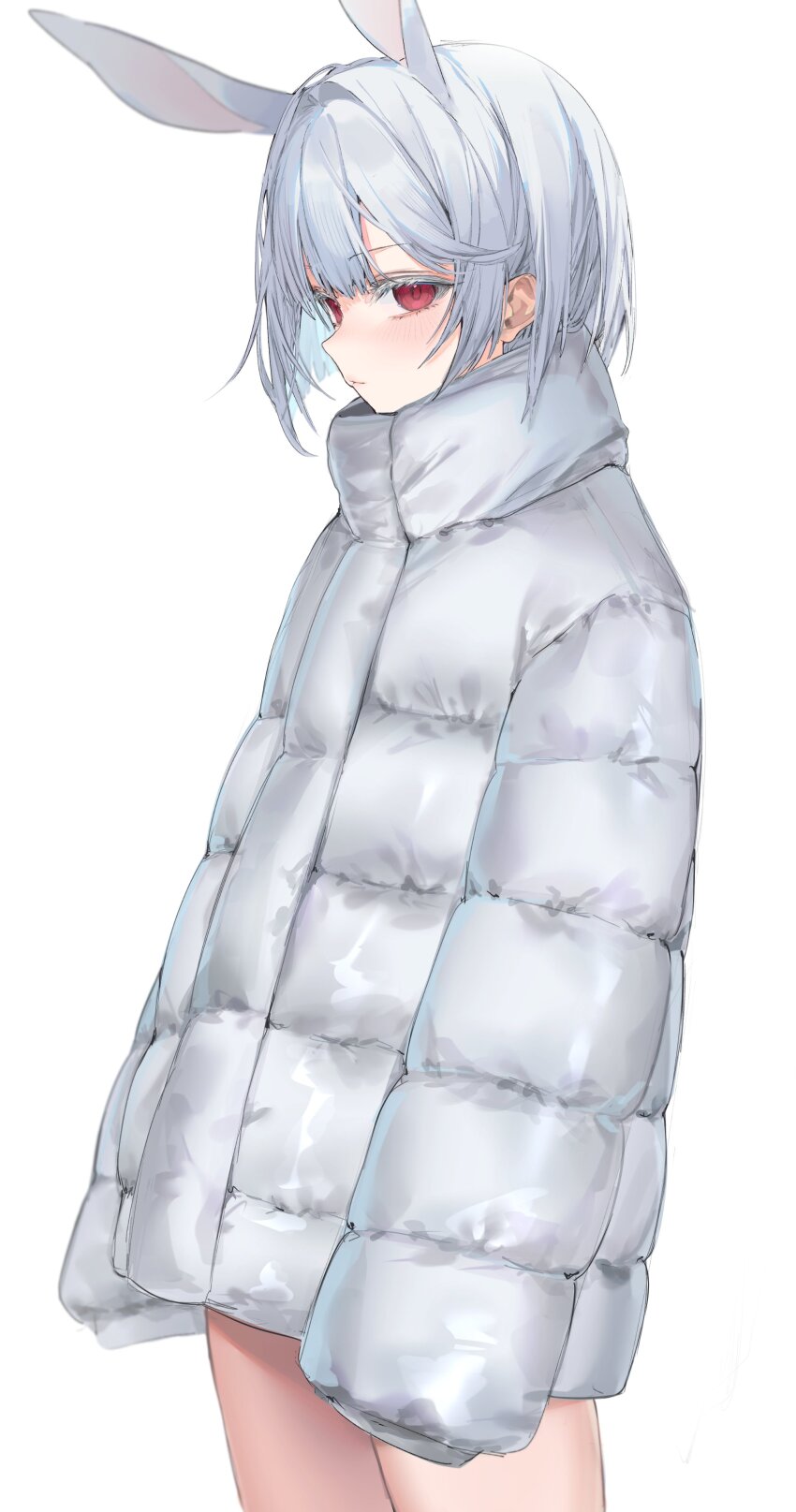 1girl absurdres animal_ears blush bottomless closed_mouth cowboy_shot down_jacket expressionless extra_ears highres iomaaki jacket looking_at_viewer original rabbit_ears red_eyes short_hair sideways_glance simple_background sleeves_past_fingers sleeves_past_wrists solo white_background white_hair white_jacket winter_clothes