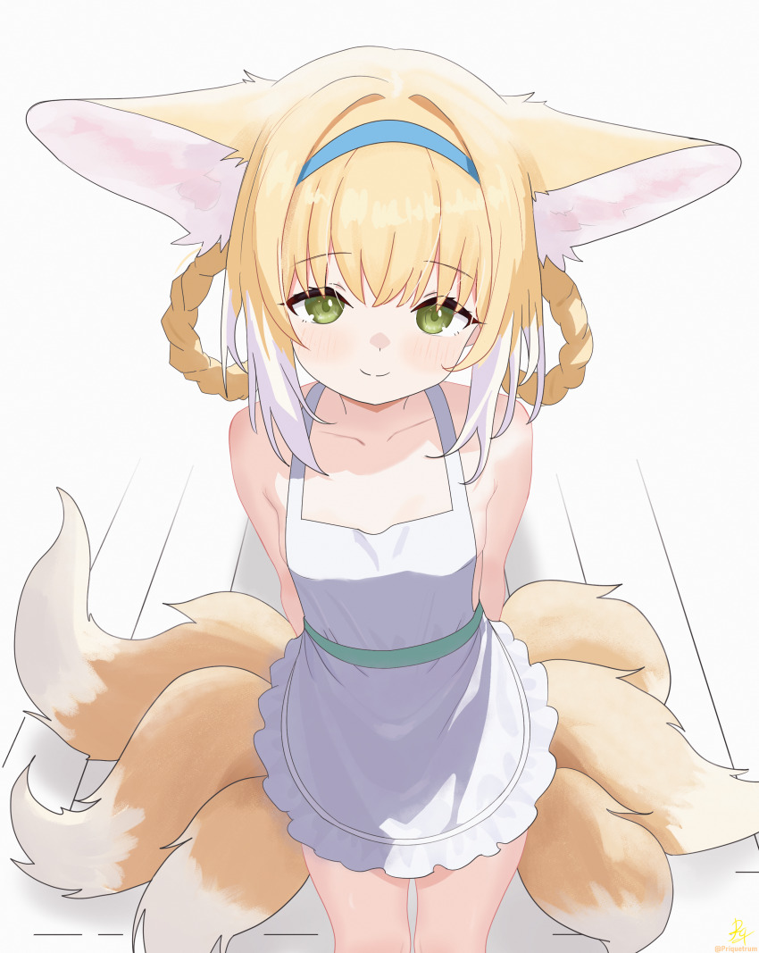 1girl absurdres animal_ears apron arknights arms_behind_back blonde_hair blue_hairband blush braid closed_mouth collarbone commentary frilled_apron frills green_eyes hair_rings hairband highres looking_at_viewer multicolored_hair multiple_tails naked_apron priquetrum short_hair smile solo split_mouth streaked_hair suzuran_(arknights) tail white_apron white_background white_hair