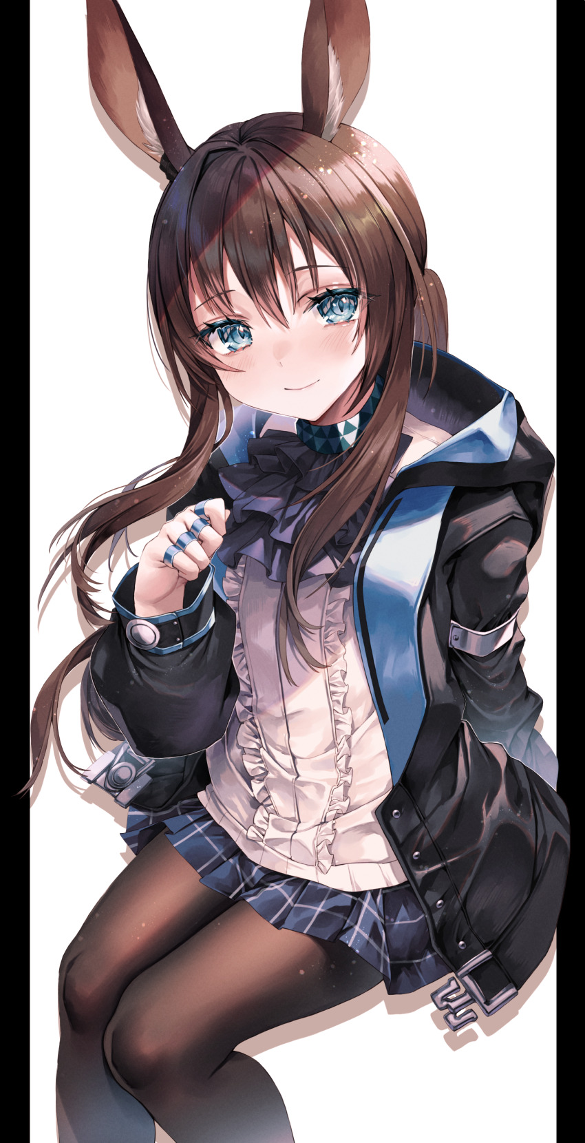 1girl absurdres amiya_(arknights) animal_ears arknights ascot black_jacket blue_ascot blue_eyes brown_hair brown_thighhighs closed_mouth frilled_ascot frills hair_between_eyes highres hime_gyo hood hooded_jacket jacket jewelry long_hair long_sleeves looking_at_viewer multiple_rings open_clothes open_jacket pantyhose ponytail rabbit_ears rabbit_girl ring shirt simple_background sitting skirt smile solo thighhighs thumb_ring white_background