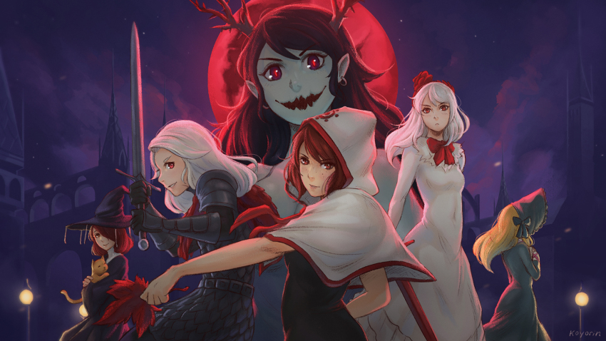 6+girls :d armor black_gloves black_hair blonde_hair breasts cat cath cath cath_(momodora) choir_(momodora) cloak cotillard covered_navel earrings fennel_(momodora) full_moon gloves hair_over_one_eye hat highres holding holding_sword holding_weapon hood hooded_cloak horns jewelry kaho_(momodora) koyorin long_hair looking_at_viewer lubella momodora:_reverie_under_the_moonlight moon multiple_girls night open_mouth princess red_eyes red_hair red_moon small_breasts smile sword weapon white_hair witch_hat