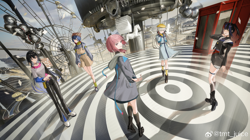 5girls absurdres alternate_costume amusement_park animal_hat artist_name beret blue_hair blunt_bangs boots cat_hat colored_inner_hair commentary_request double-parted_bangs drawstring dress fisheye full-length_zipper full_body grey_hair hair_over_one_eye harusaruhi hat highres hood hooded_jacket isekaijoucho jacket kaf_(kamitsubaki_studio) kamitsubaki_studio koko_(kamitsubaki_studio) layered_sleeves long_hair long_sleeves looking_at_viewer low_twintails midriff multicolored_hair multiple_girls navel official_art one_eye_covered open_clothes open_jacket overalls pants pink_hair red_hair rim_(kamitsubaki_studio) shirt shoes short_hair short_over_long_sleeves short_sleeves skirt sneakers socks surreal tmt twintails virtual_youtuber zipper