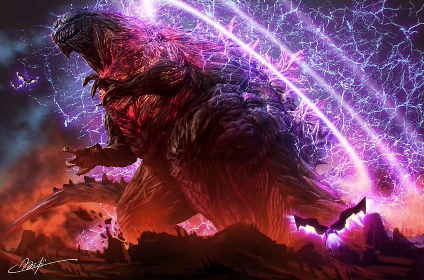 abs alien apocalypse armor aura autocannon blue_eyes cannon dark_aura electricity energy energy_ring epic exoskeleton giant giant_monster glowing glowing_eyes godzilla godzilla:_city_on_the_edge_of_battle godzilla_(series) godzilla_earth hanekura_bou highres kaiju lightning magnetic_weapon mecha military military_vehicle monster muscular no_humans polygon_pictures post-apocalypse power_armor power_suit powered_exoskeleton railgun realistic robot smoke toho vulture_(godzilla) war