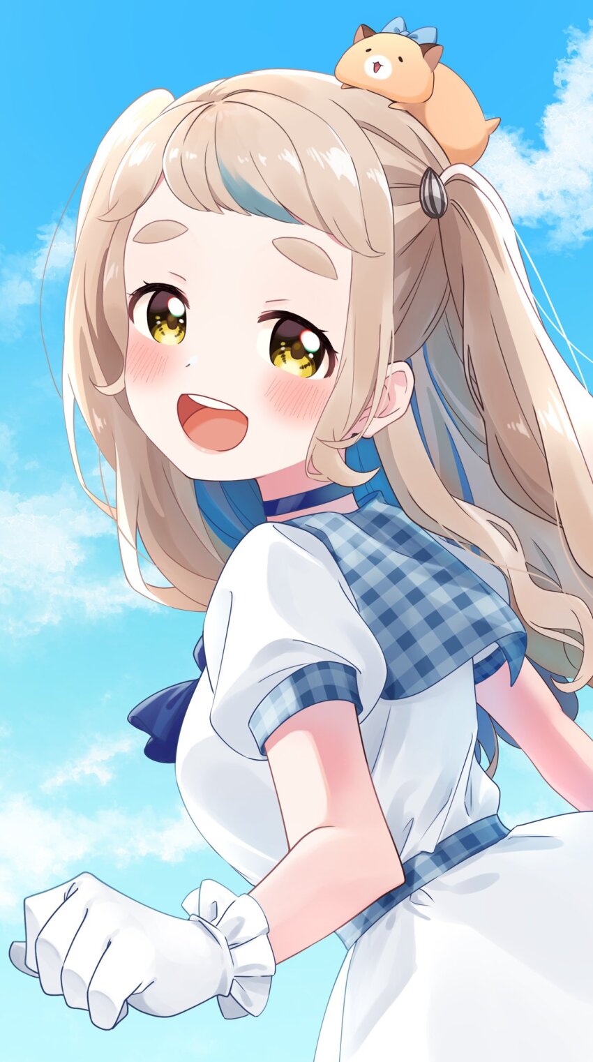 1girl :d alternate_hairstyle blue_bow blue_bowtie blue_choker blue_hair blue_sailor_collar blue_sky blush bow bowtie breasts brown_hair choker clenched_hand cloud colored_inner_hair commentary_request dress eyelashes frilled_gloves frills gingham gloves gonzalez_(machita_chima) hamster hamster_on_head highres long_hair looking_at_viewer looking_to_the_side machita_chima machita_chima_(4th_costume) multicolored_hair nijisanji official_alternate_costume open_mouth outdoors puffy_short_sleeves puffy_sleeves rune_eb sailor_collar sailor_dress seed_hair_ornament short_bangs short_eyebrows short_sleeves sky smile solo streaked_hair teeth thick_eyebrows turning_head two-tone_hair two_side_up upper_teeth_only virtual_youtuber wavy_hair white_dress white_gloves yellow_eyes