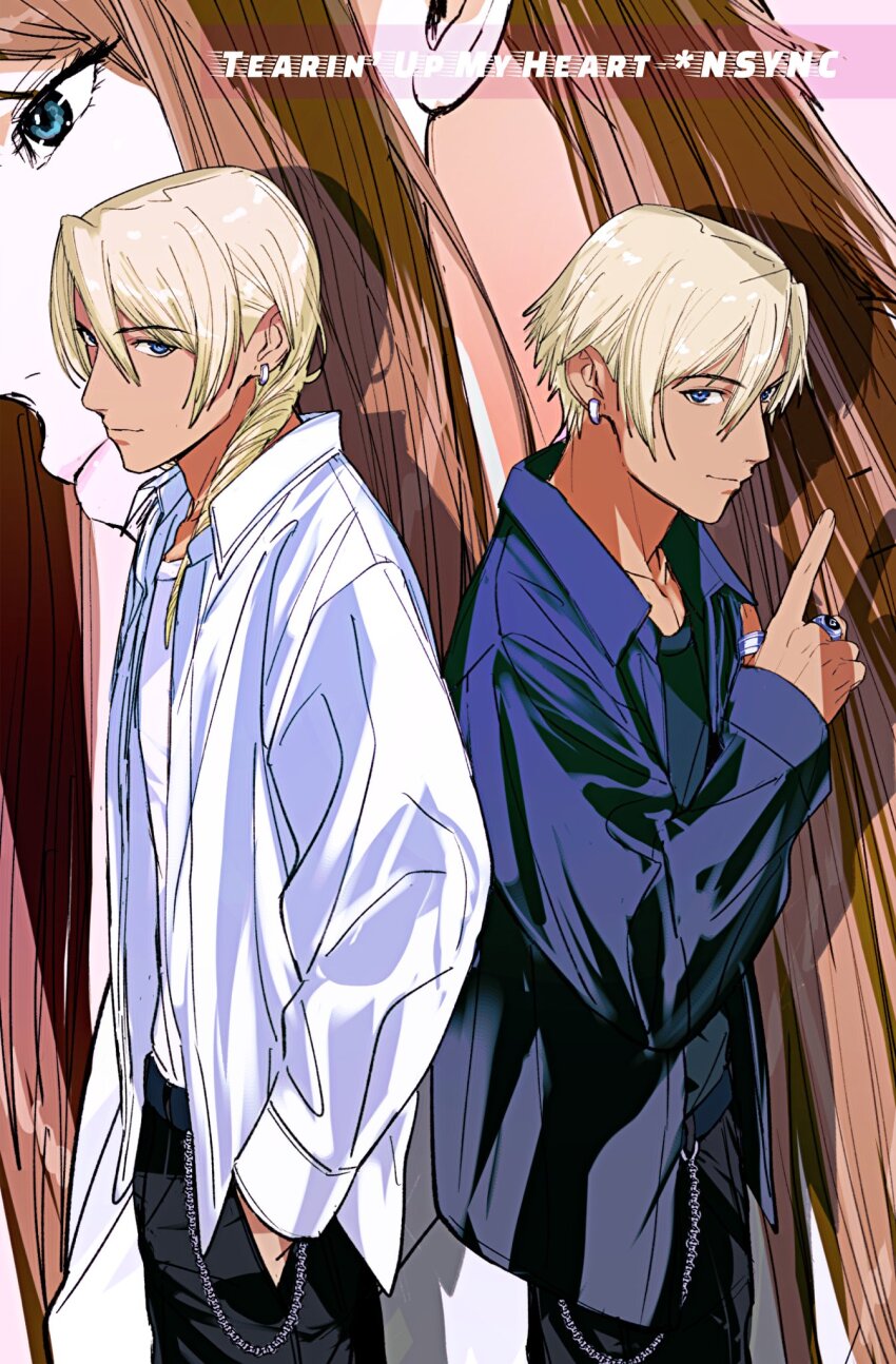 1girl 2boys ace_attorney aged_down alternate_costume amikoiiko apollo_justice:_ace_attorney belt black_pants black_shirt blonde_hair blue_belt blue_eyes brown_hair collarbone cowboy_shot dark-skinned_male dark_skin dress_shirt drill_hair earrings ema_skye english_text fingernails hand_in_pocket highres index_finger_raised initial jewelry klavier_gavin light_smile long_hair looking_at_viewer looking_to_the_side medium_hair middle_ring multiple_boys multiple_rings nsync pants pink_lips portrait profile ring shirt short_hair simple_background single_earring song_name sternocleidomastoid_muscle thumb_ring time_paradox undershirt wallet_chain white_background white_shirt