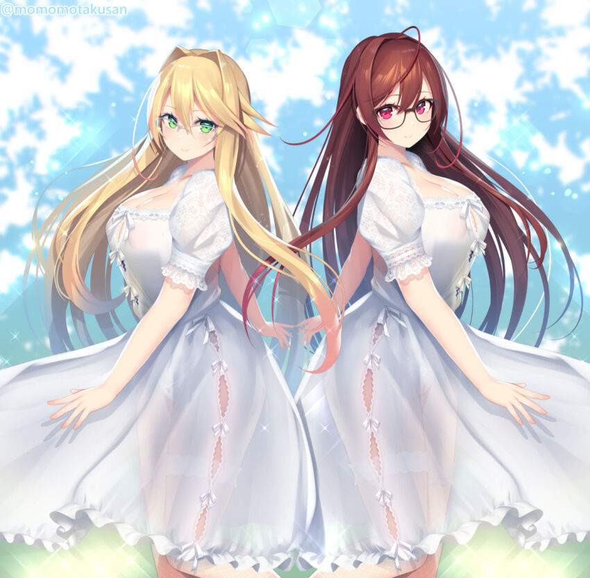 2girls ahoge arima_senka arima_senne blonde_hair breasts brown_hair cleavage dress glasses green_eyes hair_between_eyes kashiwamochi_yomogi large_breasts long_hair looking_at_viewer multiple_girls original red_eyes see-through_clothes short_sleeves white_dress