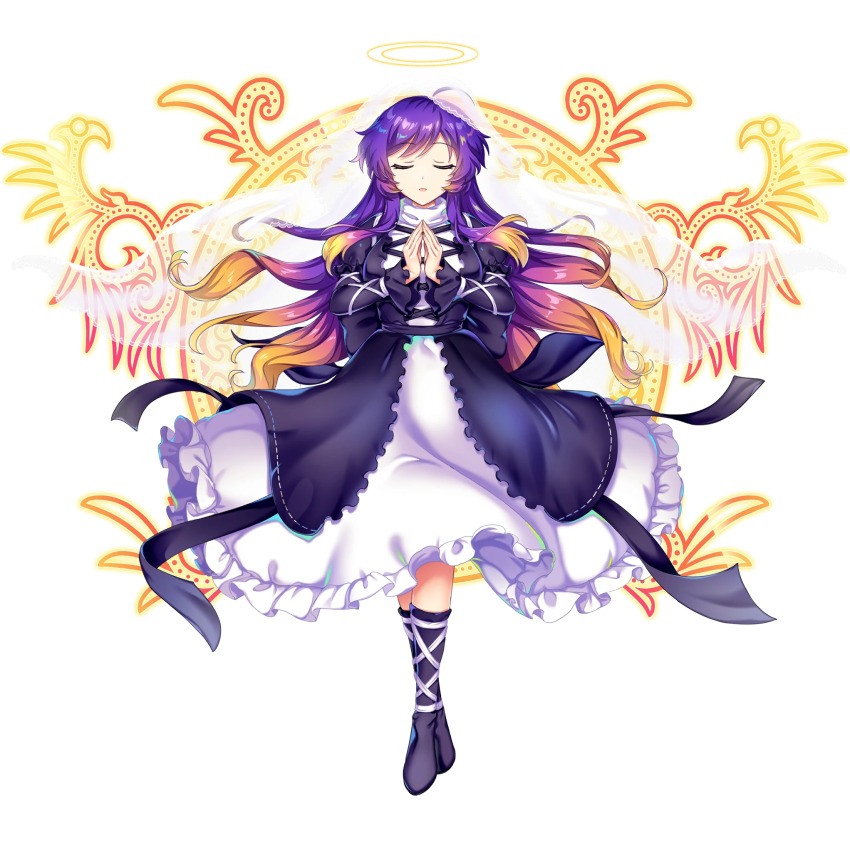 1girl black_dress blonde_hair boots closed_eyes cross-laced_clothes cross-laced_dress dress embellished_costume facing_viewer falling_feathers feathers game_cg glowing_feather gradient_hair halo highres hijiri_byakuren layered_dress long_hair long_sleeves magic_circle multicolored_hair non-web_source official_art open_mouth own_hands_together purple_hair rotte_(1109) see-through_clothes see-through_veil solo third-party_source touhou touhou_lostword transparent_background veil very_long_hair white_dress white_veil yellow_halo