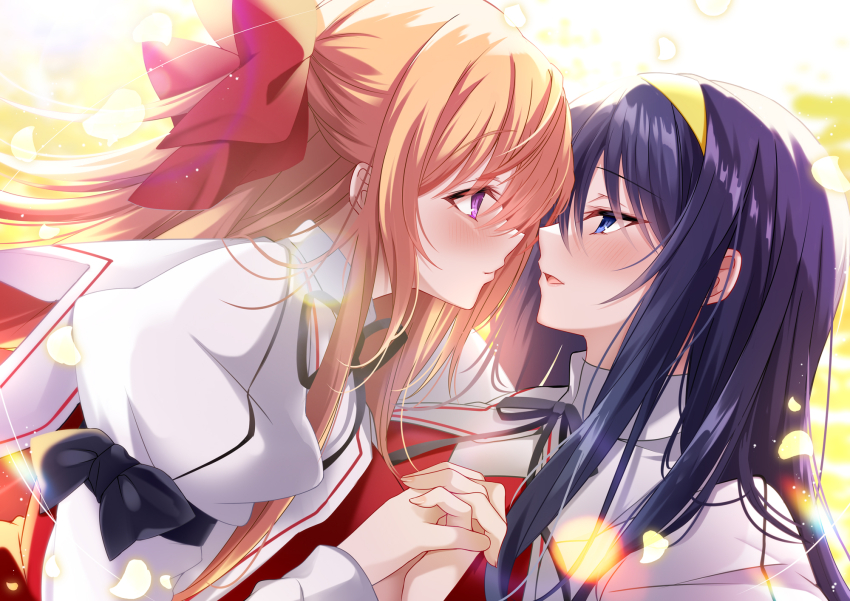2girls akatsuki_(aktk511) backlighting blonde_hair blue_eyes bow commentary eye_contact from_side hair_bow hairband highres himemiya_chikane holding_hands interlocked_fingers kannazuki_no_miko kurusugawa_himeko lens_flare long_hair looking_at_another multiple_girls open_mouth petals purple_eyes purple_hair red_bow upper_body yellow_hairband yuri