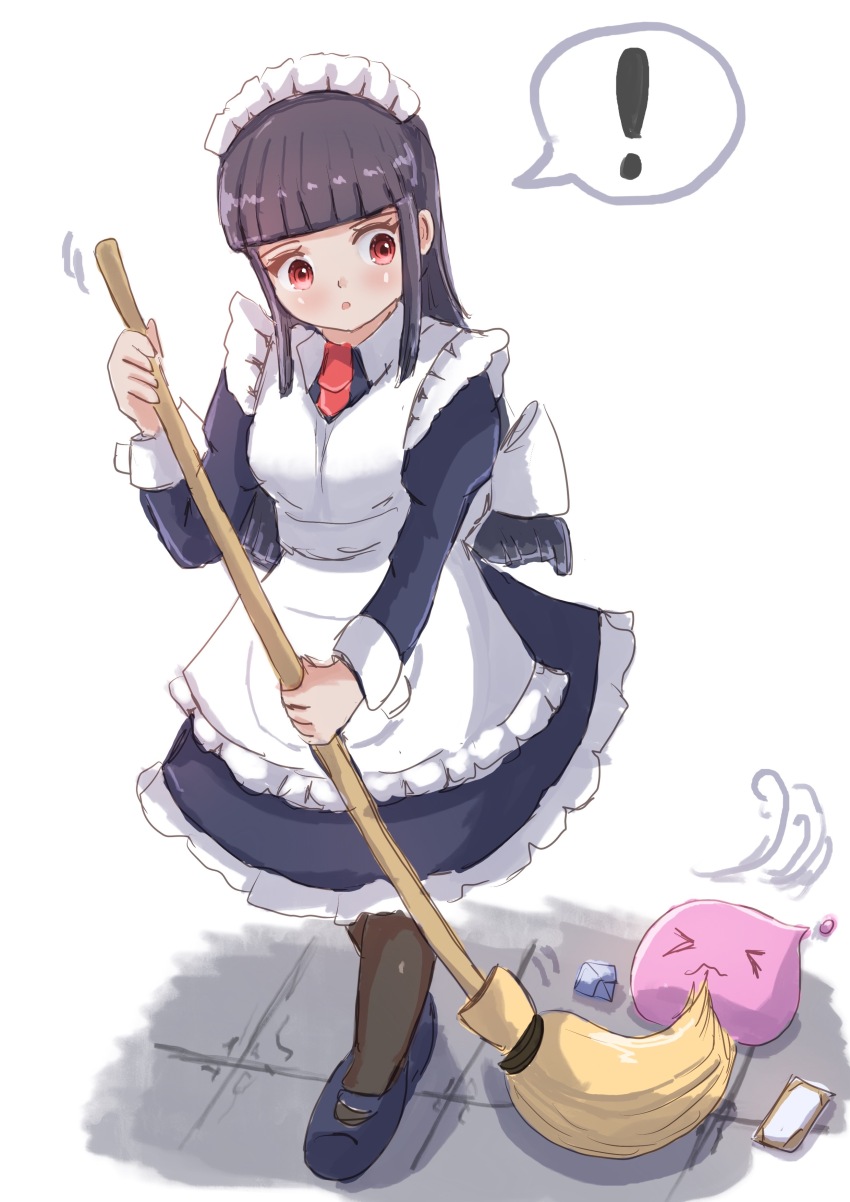 ! 1girl :3 absurdres alice_(ragnarok_online) apron black_dress black_hair black_pantyhose black_shoes blunt_bangs blush broom card commentary dress english_commentary frilled_apron frills full_body highres holding holding_broom juliet_sleeves long_sleeves mahapapaya maid maid_headdress necktie open_mouth pantyhose poring puffy_sleeves ragnarok_online red_eyes red_necktie rock shoes simple_background slime_(creature) solo spoken_exclamation_mark white_apron white_background